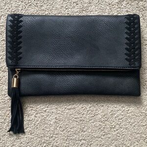 Moda Luxe Black Faux Leather Faux Suede Woven Clutch With Tassel